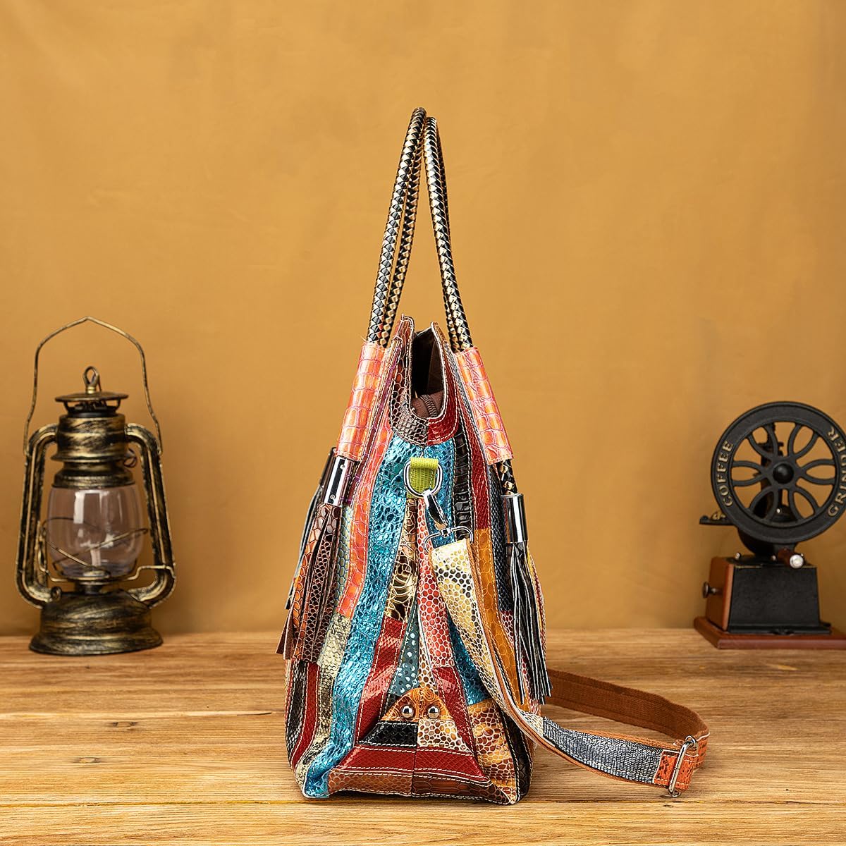 Multicolor Genuine Leather Boston Bag for Women, Large Patchwork Tote and Crossbody Purse for Travel and Daily Use - Image 6