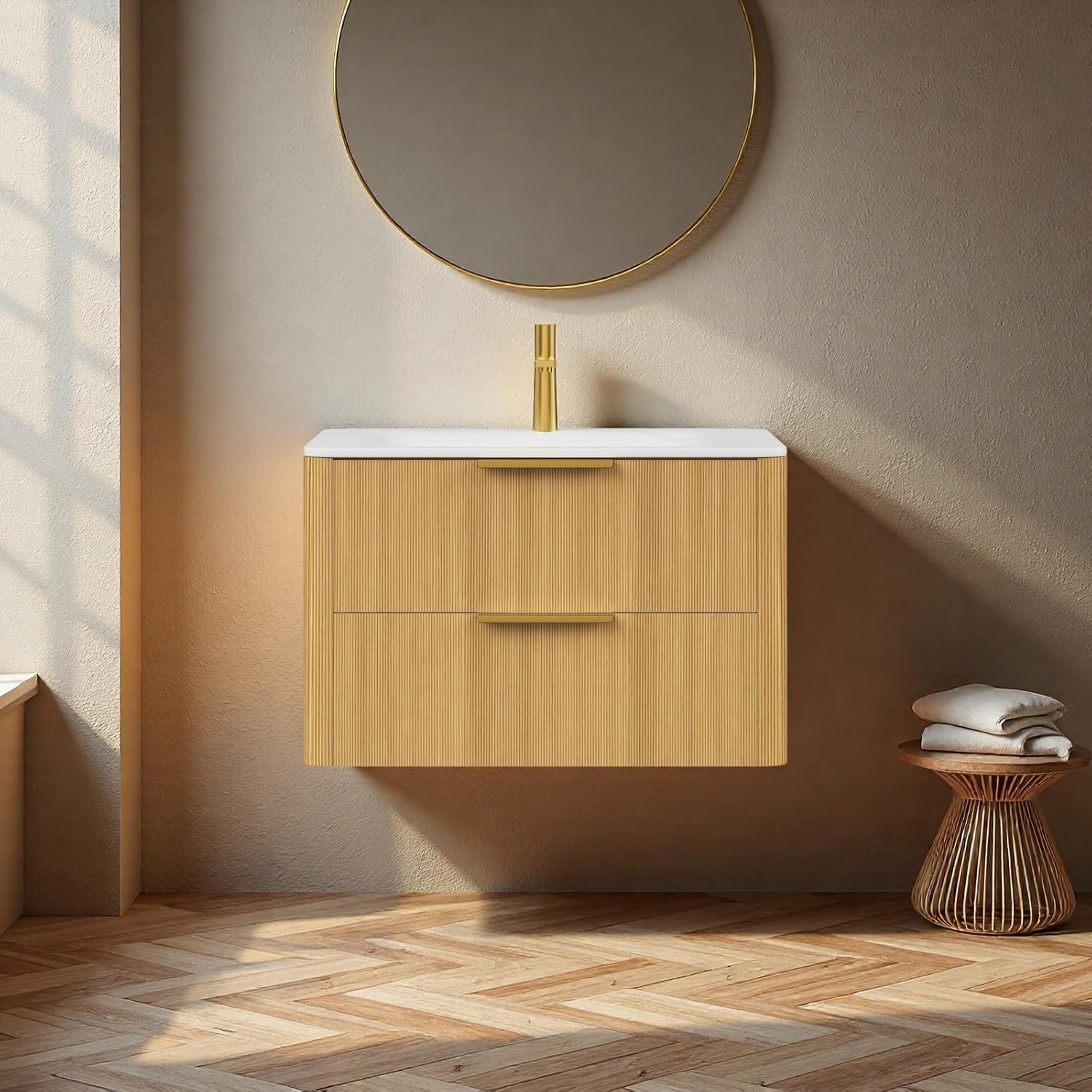 Bathroom Vanity with Sink, 30" Wall-Mounted Bathroom Storage Cabinet with Integrated Basin & 2 Soft-Close Full-Extension Drawers, Pre-Assembled Floating Vanity with Golden Handles, Light Oak