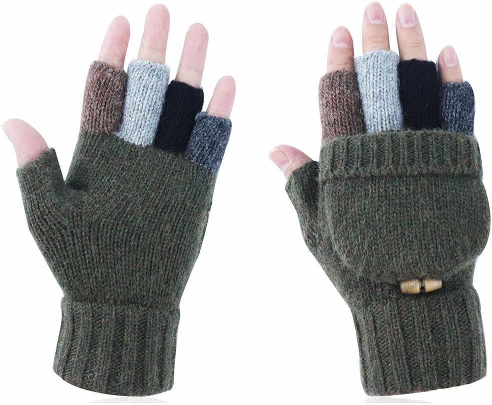 Winter Warm Knitted Fingerless Gloves Convertible Wool Gloves with Mittens Cover for Women and Men