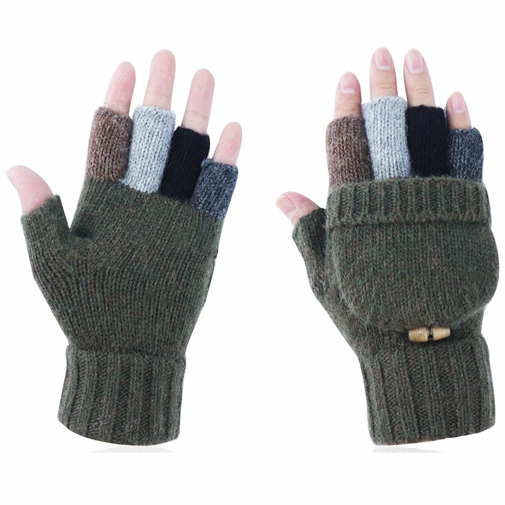 Winter Warm Knitted Fingerless Gloves Convertible Wool Gloves with Mittens Cover for Women and Men