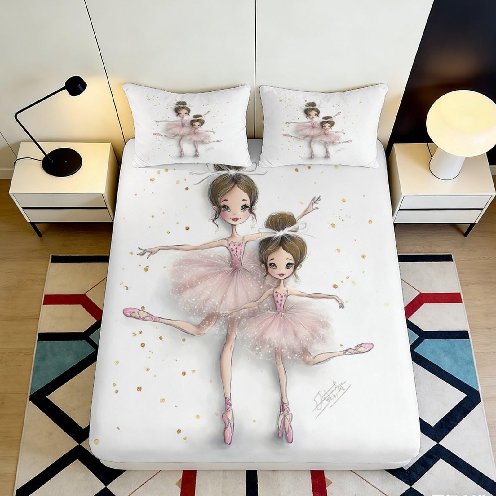 3D Printed Ballet Dancer Fitted Sheet Microfiber Pink Artistic Bed Cover for Bedroom Guest Room Decor Protection 90x200x25cm