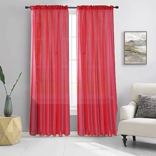 2PC Sheer Standard Size 52" Wide X 84" Lenght Solid Plain Color Soft Voile Sheer Window Curtain Panel Rod Pocket Drape Treatment for Multiple Use (Red)