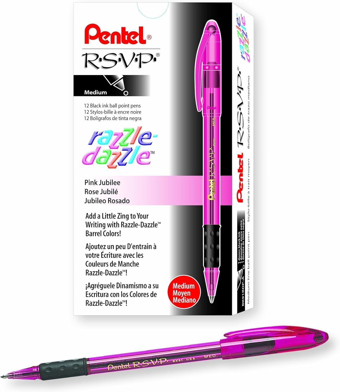 RSVP Razzle-Dazzle Ballpoint Pen, (1.0mm) Medium Line, Pink Barrel, Black Ink, Box of 12 (BK91RDP-A)