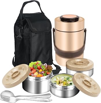 SSAWcasa 3-Layer Insulated Lunch Box for Men, Adult Soup Thermos, Leakproof Insulated Hot Food Jar Container, Stainless Steel Thermal Bento Box Lunch Bag Cutlery for Office Worker Trucker Picnic