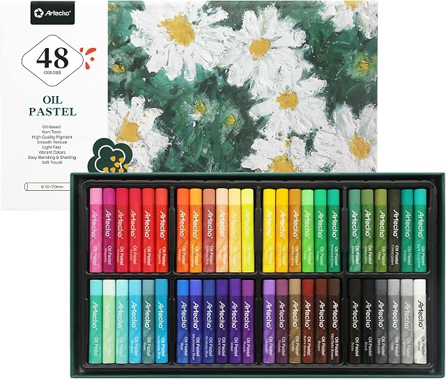 Artecho Oil Pastels Set of 48 Colors, Soft Oil Pastels for Art Painting, Drawing, Blending, Oil Crayons Pastels Art Supplies for Artists, Beginners, Students, Teachers