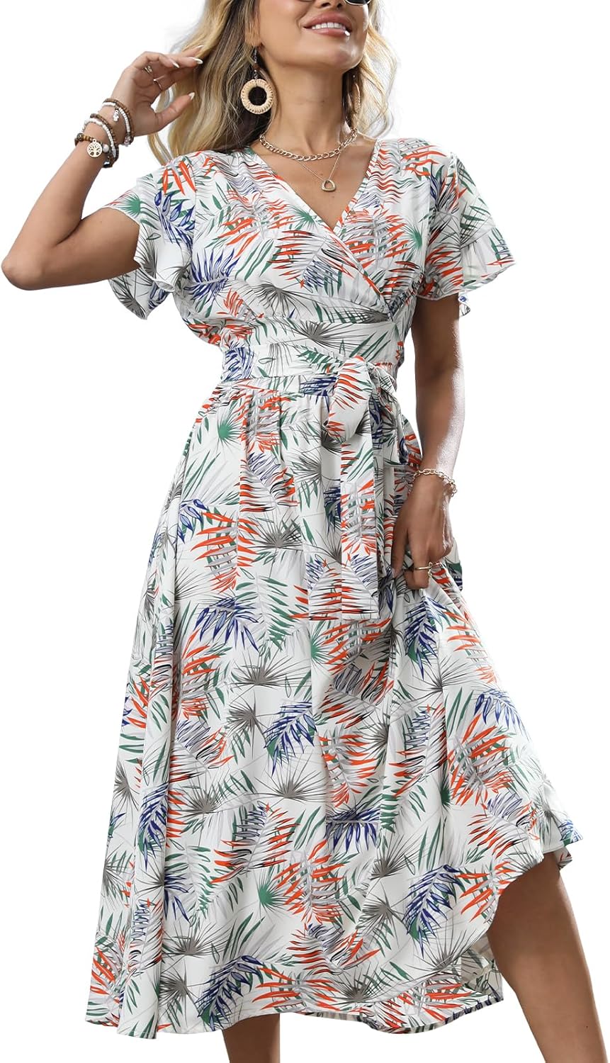 Women's Boho Summer Wrap Midi Dress - Palm Leaf Floral Print V-Neck Ruffle Short Sleeve Casual Beach Vacation Dress