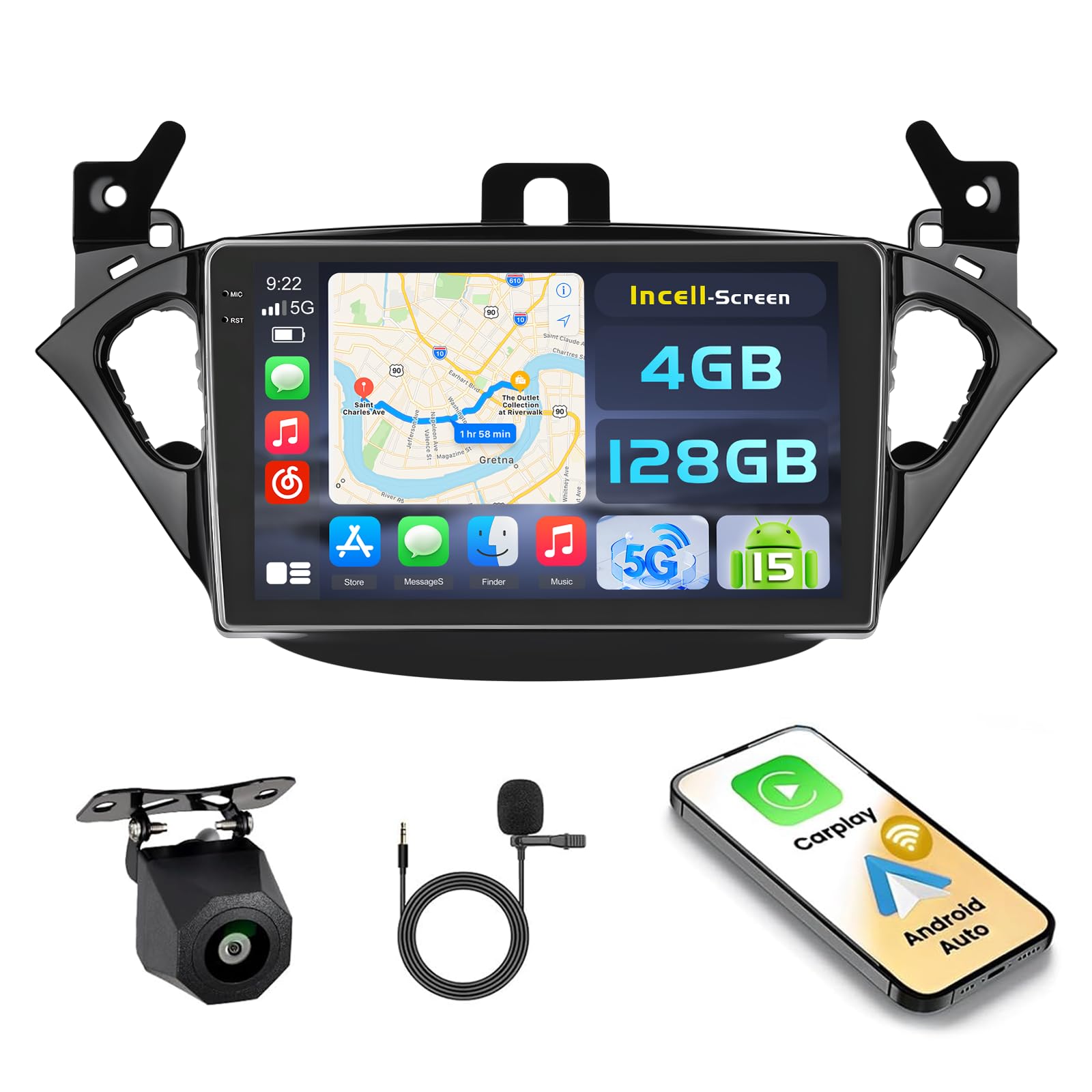 4+128G Radio Coche Android 15 para Opel Corsa 2015-2019/Opel Adam 2013-2016 con Incell Pantalla táctil de 9 Pulgadas,Carplay Android Auto Inalambrico BT/GPS/WiFi/FM/RDS+Cámara Trasera+Mic