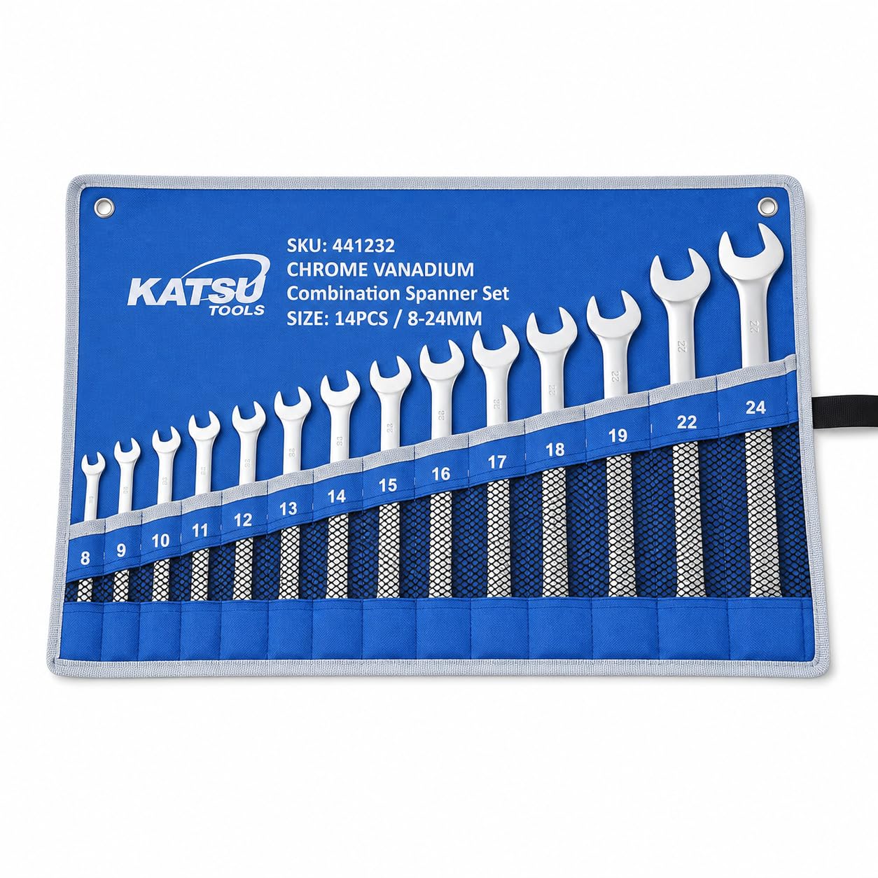 Katsu Tools Steel 14 Pieces Combination Spanner Set Metric Size 8-24Mm Garage Workshop Mechanic Car Repair Toolkit With Storage Pouch 441232
