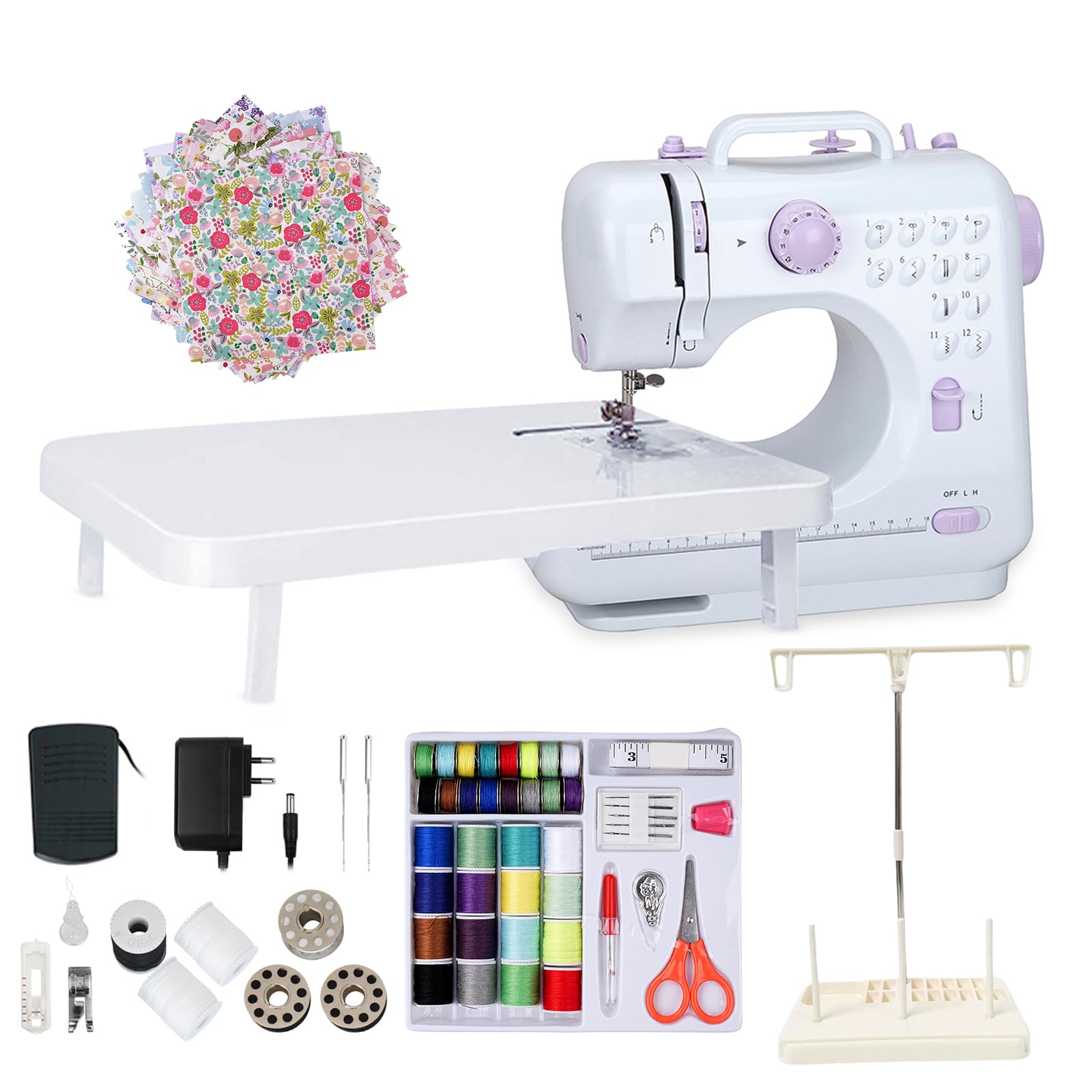 Mini macchina da cucire elettrica 505A, 12 puntate, macchina da cucire domestica con tavolo di espansione e kit da cucito completo, doppia alimentazione, pedale di velocità, ideale per