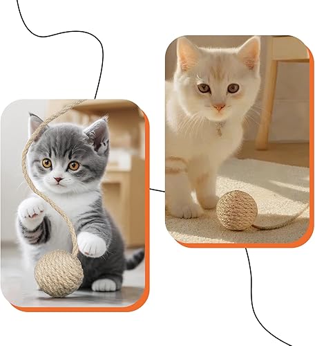 Miniatura 3 de 2 Inch Cat Toy Ball with 10 Inch Sisal Rope Wrapping & Quiet Bell - Natural Sisal Material for Endless Feline Fun