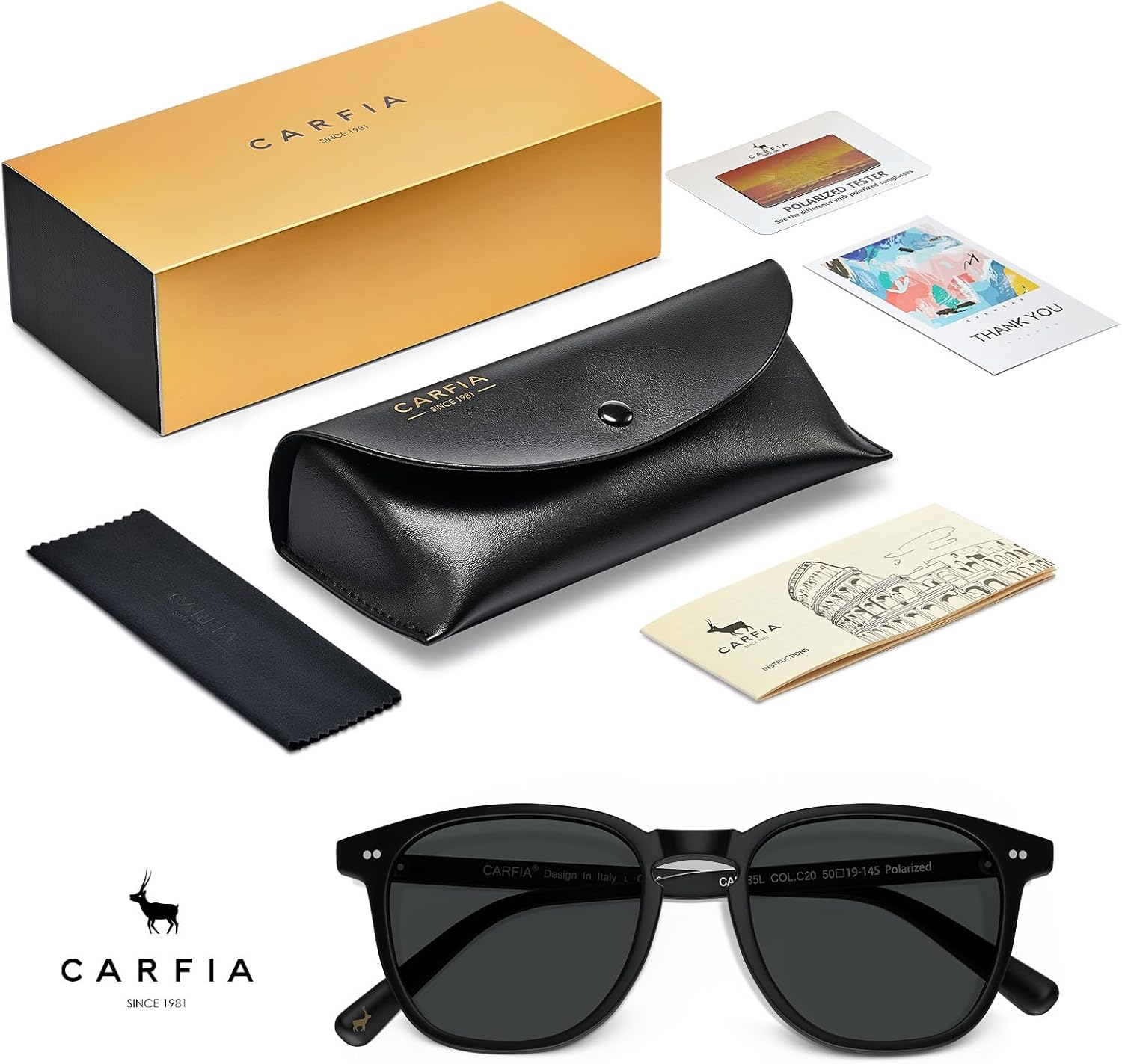 CARFIA Retro Acetate Polarized Sunglasses for Men UV400 Protection Hand-Crafted Frame Sun Glasses CA5285L