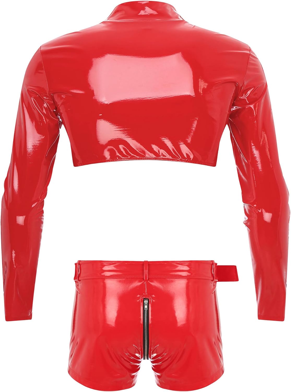 FEESHOW Men's Patent Leather Rave Outfits Sexy Long Sleeve Crop Top and Boxer Briefs Nightclub