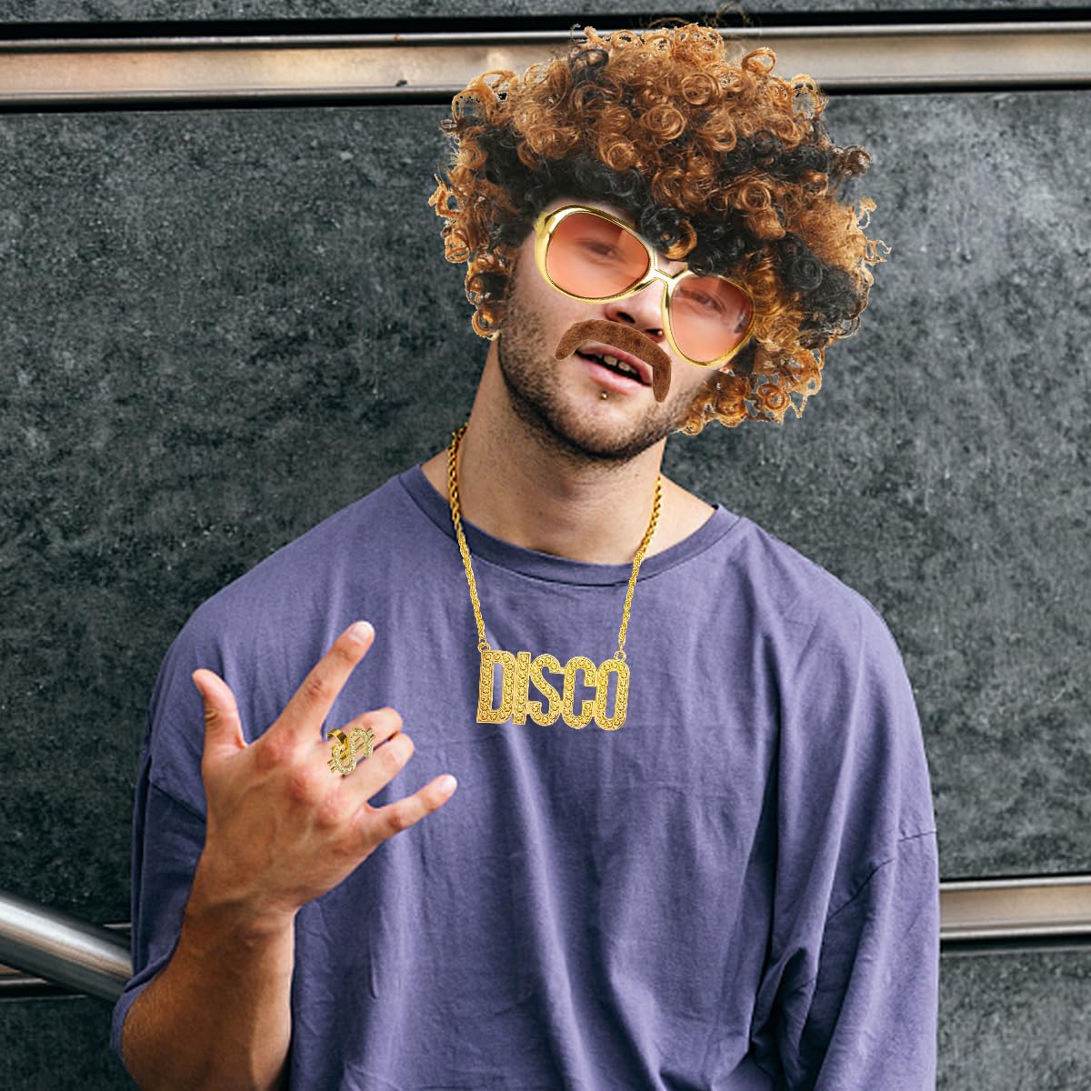5-teiliges Hippie Perücken-Set – Afro-Perücke, Sonnenbrille, Schnurrbart & Schmuck Für 70er/80er Partys