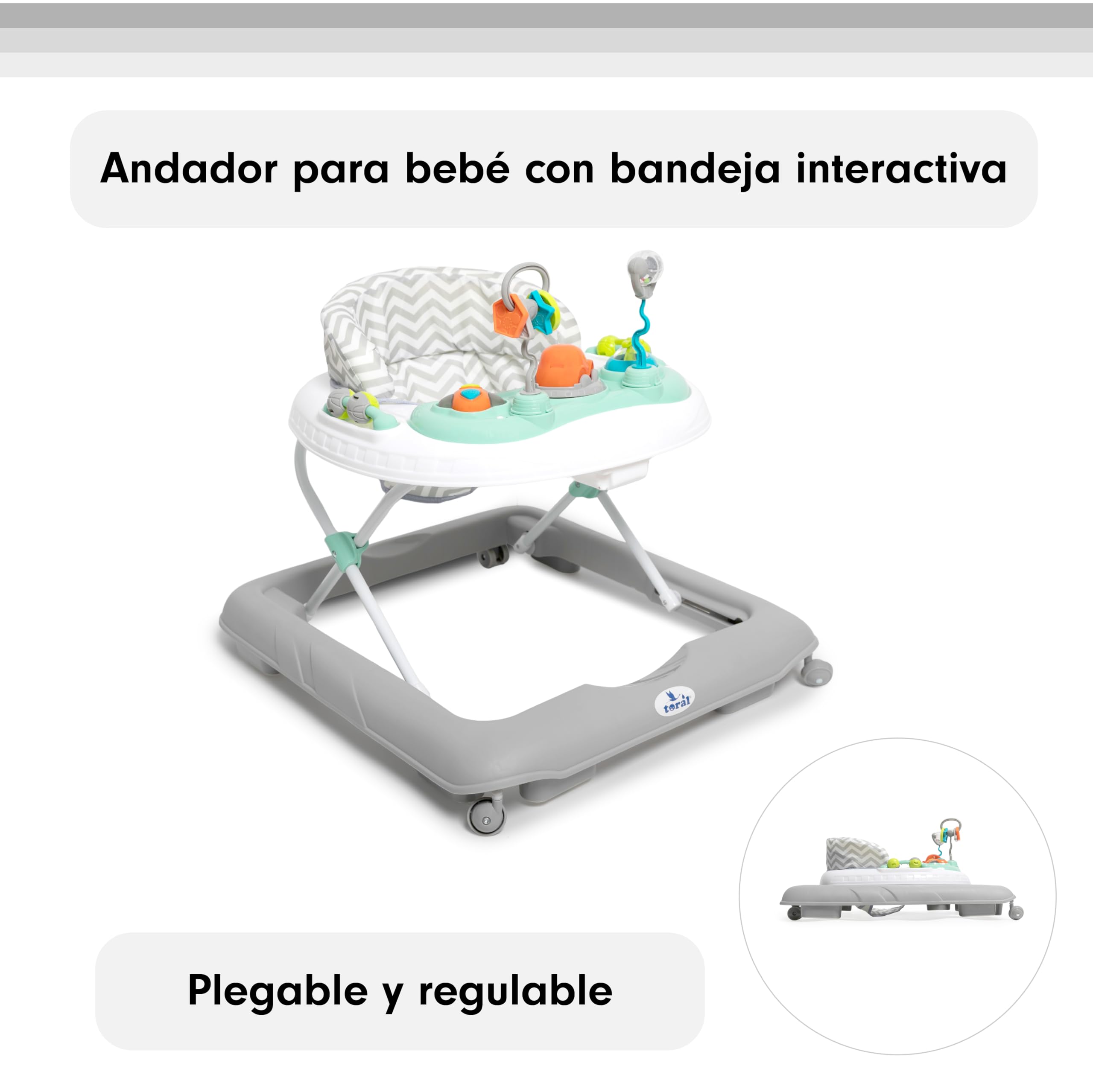 Toral Andador Bebes con Bandeja de Juegos y Altura Ajustable, Seguro Anticaídas, Correpasillos Bebe 1 Año, Tacata Bebe Ideal para Aprender a Caminar - Andador Bebe Modelo Sonajero Gris