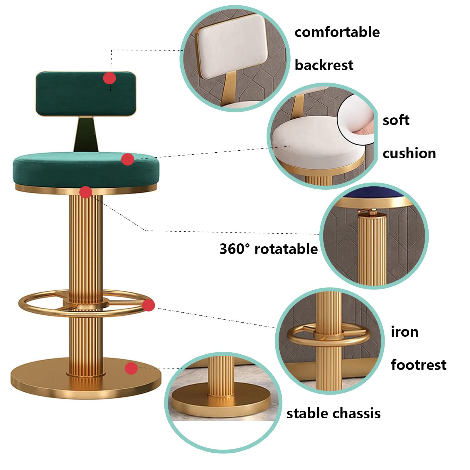 Lot de 2 tabourets de bar pivotants en velours réglables avec pieds épais, base ronde, capacité de 250 kg, sièges élégants pour cuisine ou bar à la maison