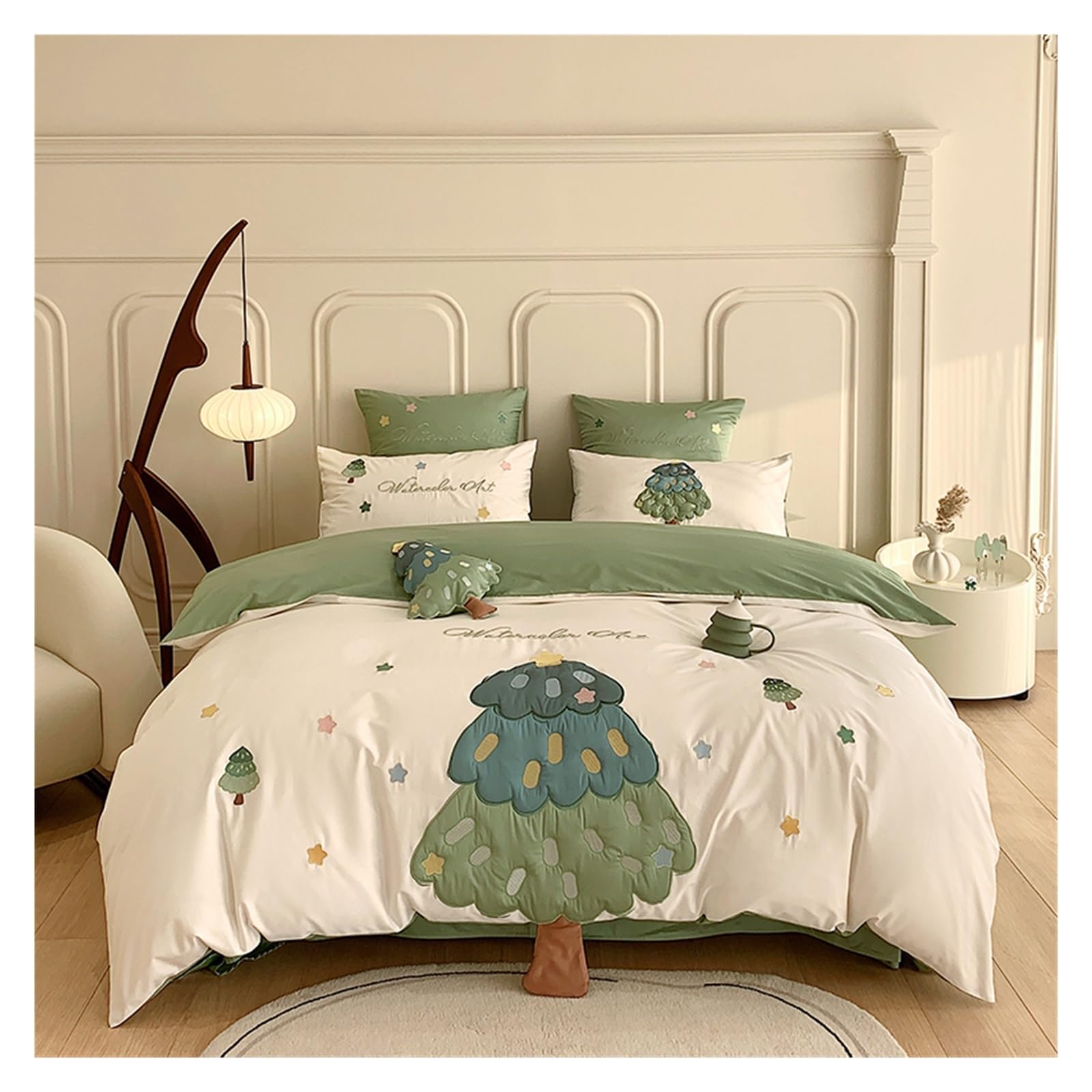 Housse de couette en coton vert pin 4 pièces drap et taies d'oreiller