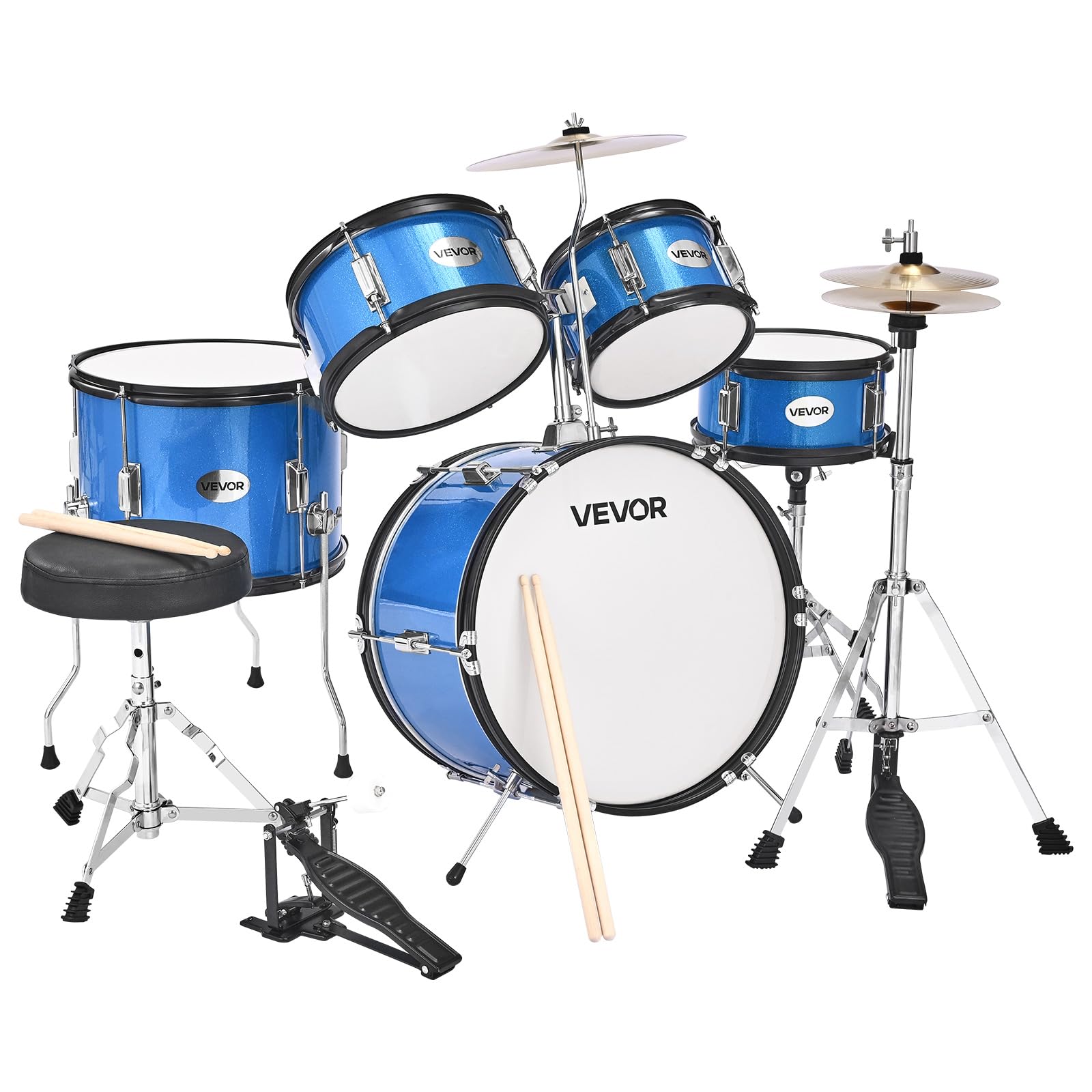 VEVOR Schlagzeug Set, 5-teilig, inkl. 40,6 cm Basstrommel, 25,4 cm Snare, 20,3 cm & 25,4 cm Tomtoms, 33 cm Standtom, Crash-Becken & 20,3 cm Hi-Hat, für Kinder von 6–13 Jahren, Blau