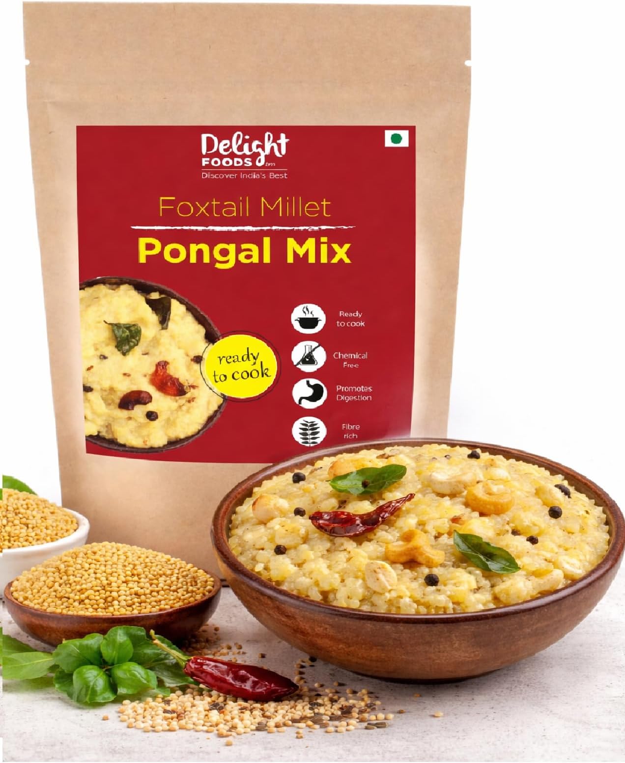 Delight Foods Unpolished Foxtail Millet Pongal Mix 400g (200g x2) | Ready to Cook South Indian Pongal | Healthy Organic Millet & Dal Breakfast Mix | Traditional Instant Food