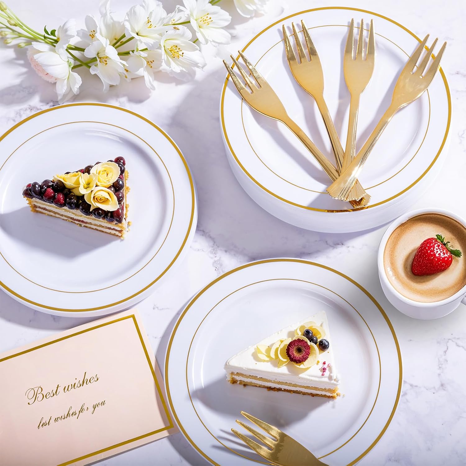 WELLIFE 60 PCS Gold Plastic Dessert Plates and 60 PCS Forks, 6.3 inch Disposable Salad Plates, Premium White Appetizer Plates with Gold Rims, Perfect for Party and Wedding - Image 4