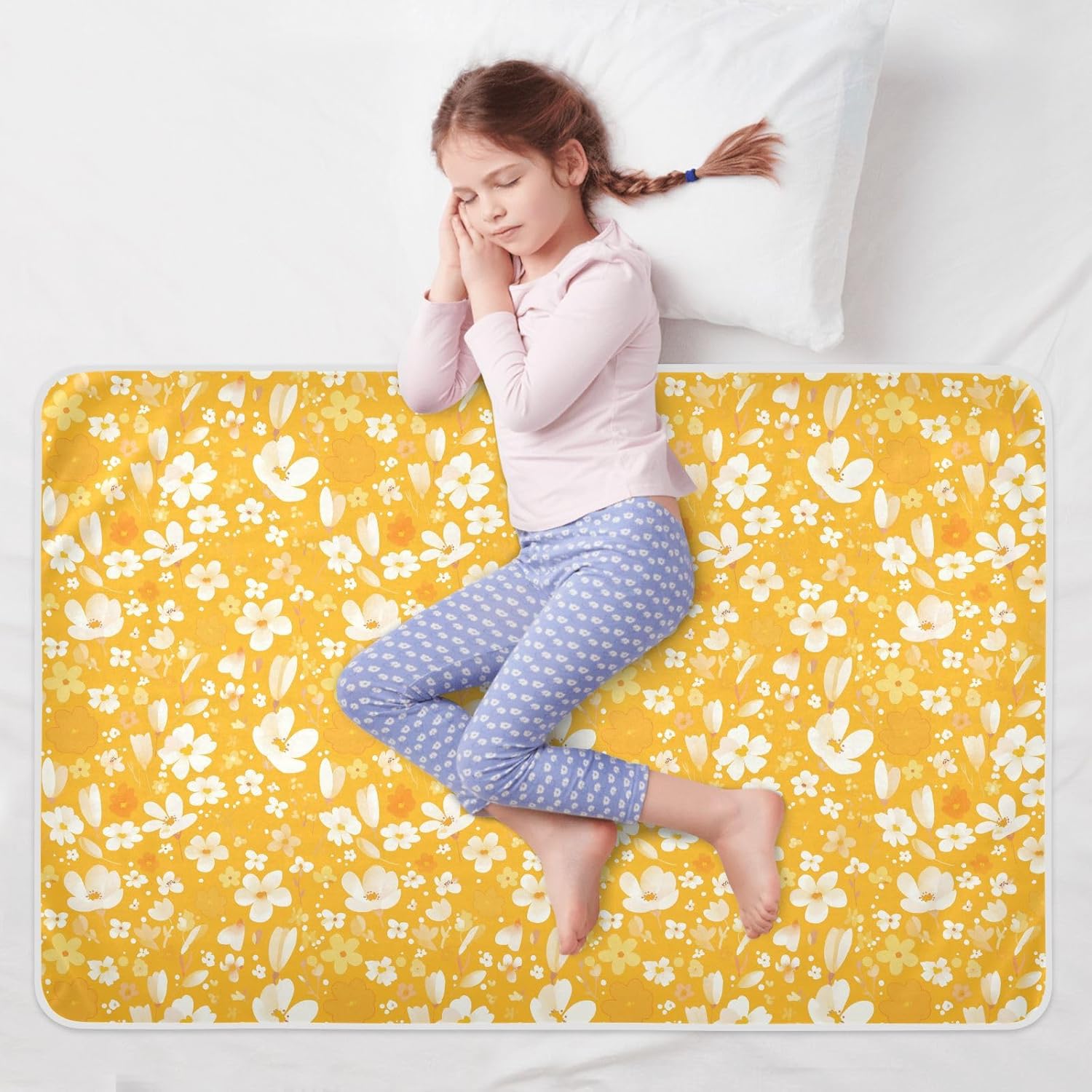 Spring Yellow Flowers Illustration Extra Large Resuable Potty Training Pee Pad Water Resistant Bed Wetting Sheet Leakproof Quick Drying Pad Liner for Children Adults Pets , 52" L x 34" W