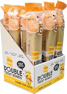 UltraChewy Peanut Butter Double Treat Bones: Long-Lasting Rawhide-Free Dog Chews, USA-Made for Aggressive Chewers, All Breeds (12 Pack)