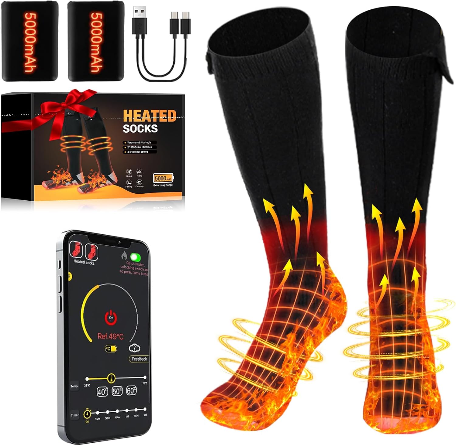 Heated Socks for Men Women, 5000mAH Rechargeable Washable