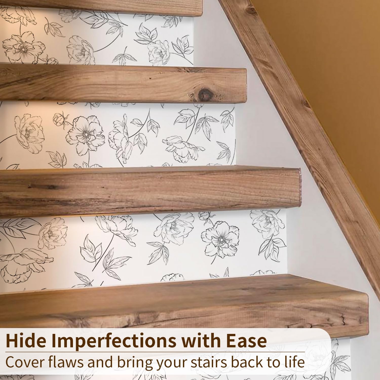 15Pcs Peel and Stick Stair Riser Decals Vinyl Floral Stair Sticker Leather Textured Wallpaper, Sketch Floral with White Background, 39.37"x7.09"
