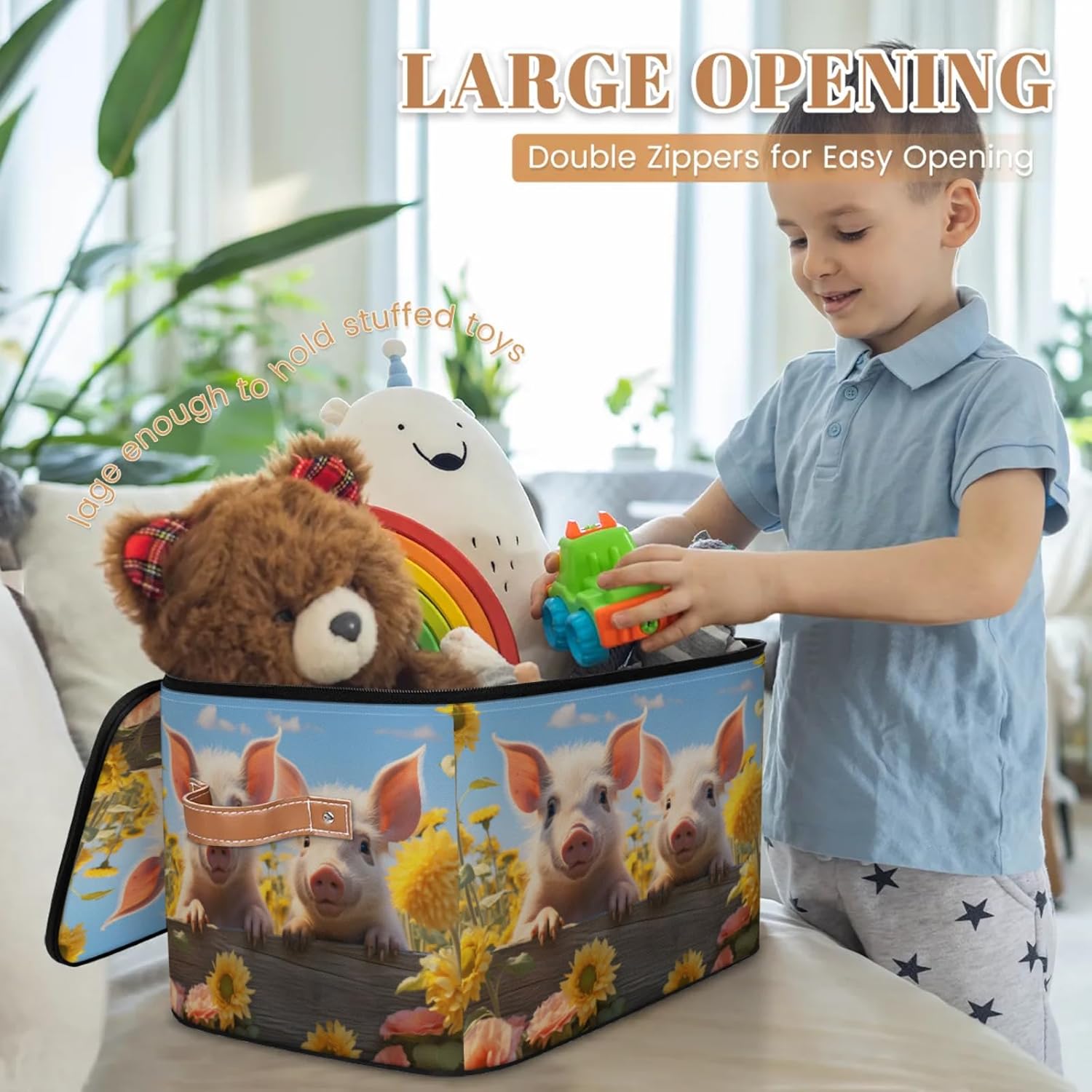 Storage Bin Set of 2 Sunflower Pig Storage Basket with Zipper Lid & Handle Foldable Closet Shelf 2 Pack Cloth Organizer Basket Cube Bins Clothes Organizer for Nursery, Bedroom