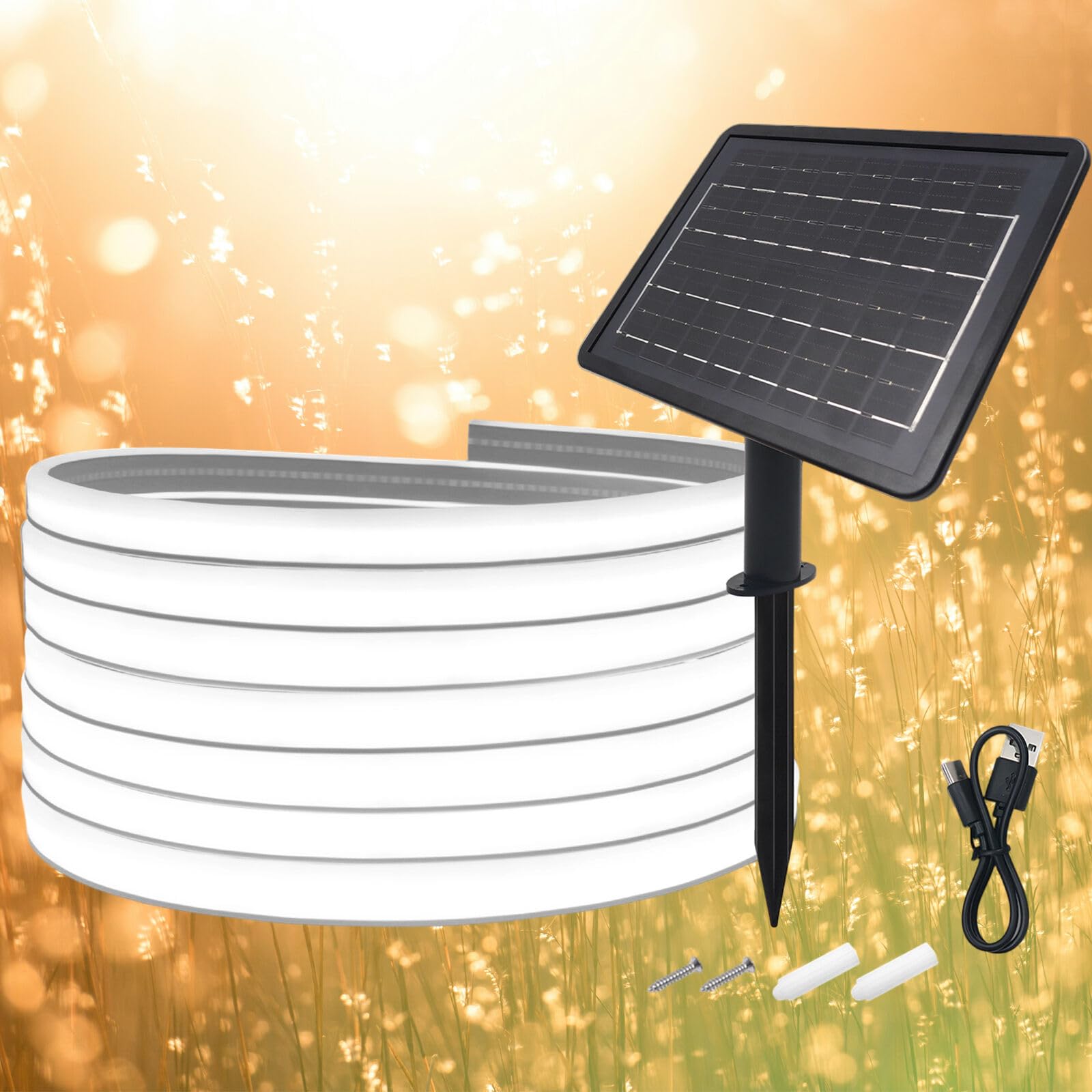 KISUFU 24V Solar LED Strip Lights Outdoor, 320 LEDs/m IP67 Waterproof Solar Powered Flexible Neon Tape Lights with 7200mah Solar Cell Box Controller for Yard Garden Decor.
