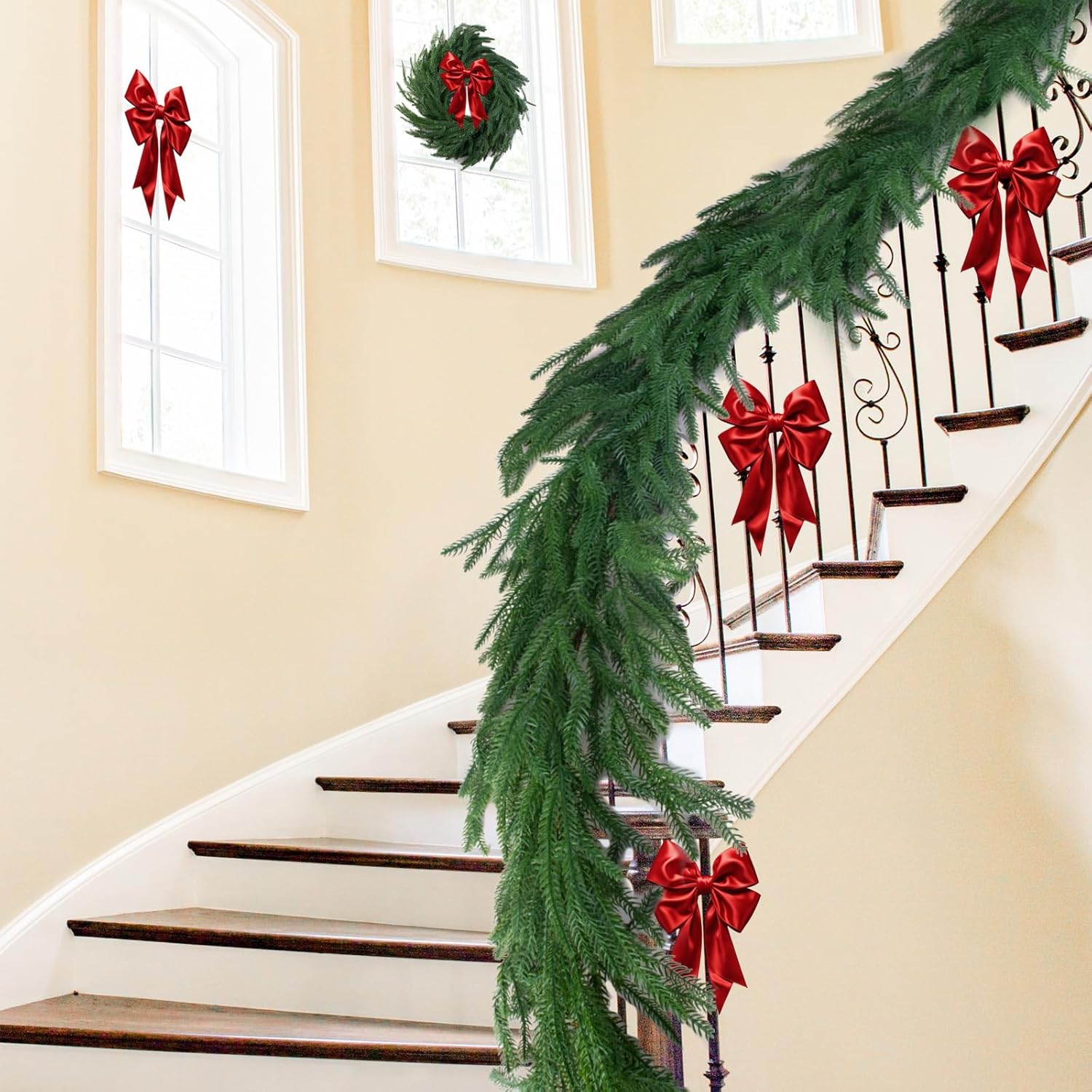 2 Pcs Artificial Christmas Norfolk Pine Garlands Realistic Faux Norfolk Pine Real Touch Winter Greenery Garlands for Indoor Outdoor Fireplace Mantel Table Wall Christmas Decorations (6 Feet)