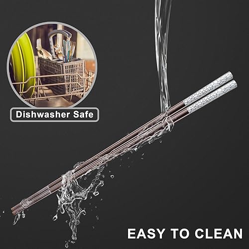 Miniatura 3 de 5 pares de palillos de acero inoxidable JOMUCO reutilizables de metal aptos para lavavajillas, patrón grabado con láser, juego de regalo de palillos