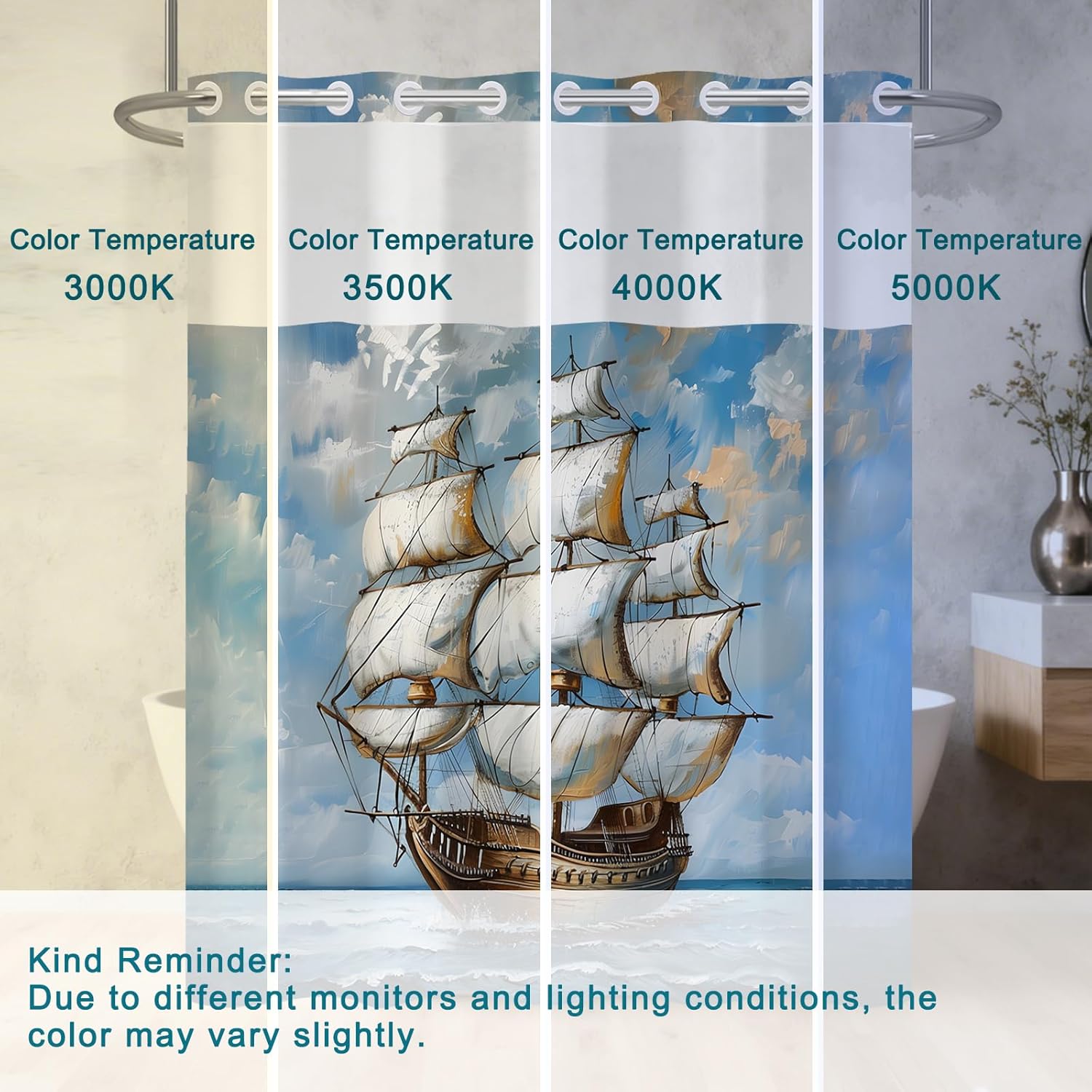 Nautical Blue Shower Curtain with Removable Liner, Shower Curtain No Hooks with See Through Window, Double Layer Fabric Shower Curtains, Coastal Voyage Ship Design for Bathroom Decor, 71x74 Inch