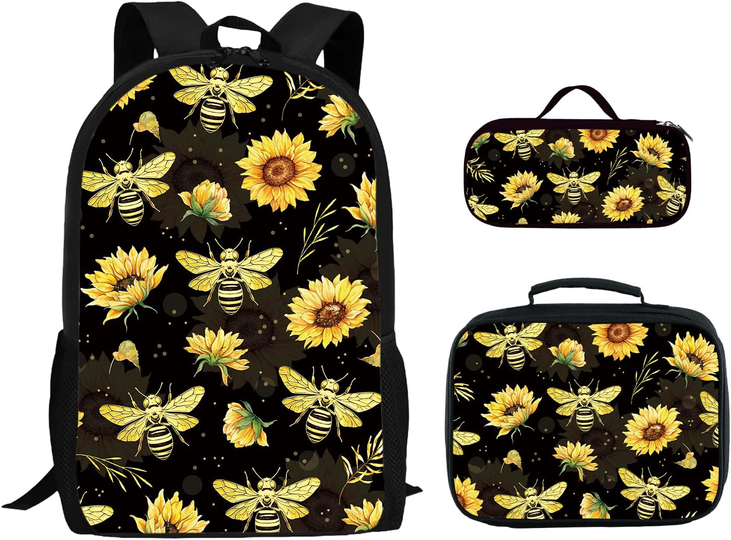3Pcs Sunflower Backpack for Girls Boys, 17 Inch Sunflower Bookbag for School with Lunch Box and Pencil Case, Reusable Laptop Backpacks Set for Teens Students