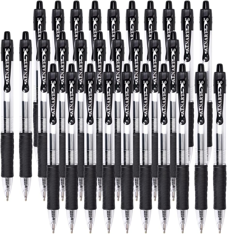 Aen Art 30 Gel Pens - Retractable Gel Ink Roller Pens for Writing, Black 0.7mm Fine Point- for Office, School - Quick Dry + Rubber Grips