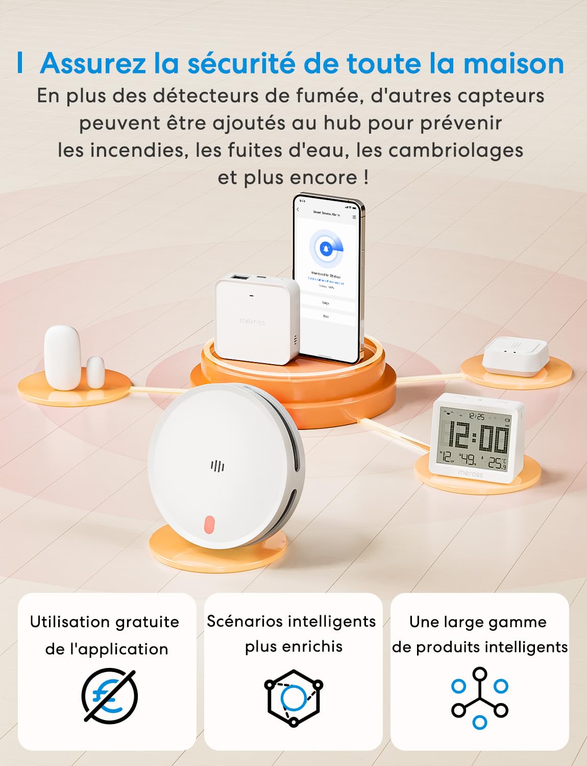 Meross Matter Détecteur de Fumée Connecté, Alarme Incendie Intelligente Wi-FI avec Double capteur Optique, Détecteur Fumée avec Alerte APP, Maillage 0,8 mm, 33 mm, avec Hub MSH450, 3 Pièces