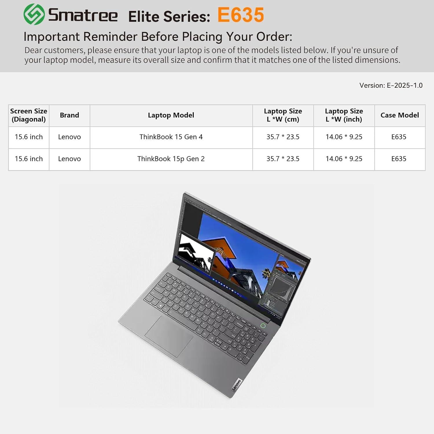 Smatree Laptop Sleeve for 15.6 inch Lenovo ThinkBook 15 Gen 4/2 Laptop, Computer Case with Accessory Pocket, YKK Zipper, Patented Super-Corner Design(E635)