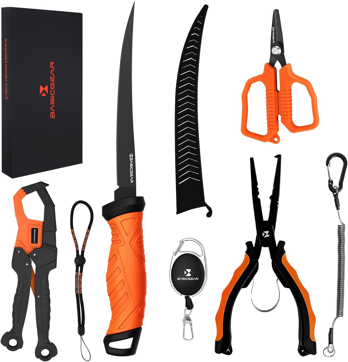 BasicGear Fishing Tool Set – 7” Pliers, 9.5” Fish Lip Gripper, 4.5” Scissors, 7” Fillet Knife, Retractable Clip & Steel-Core Tether, Rust-Resistant Multi-Tool Kit for Anglers