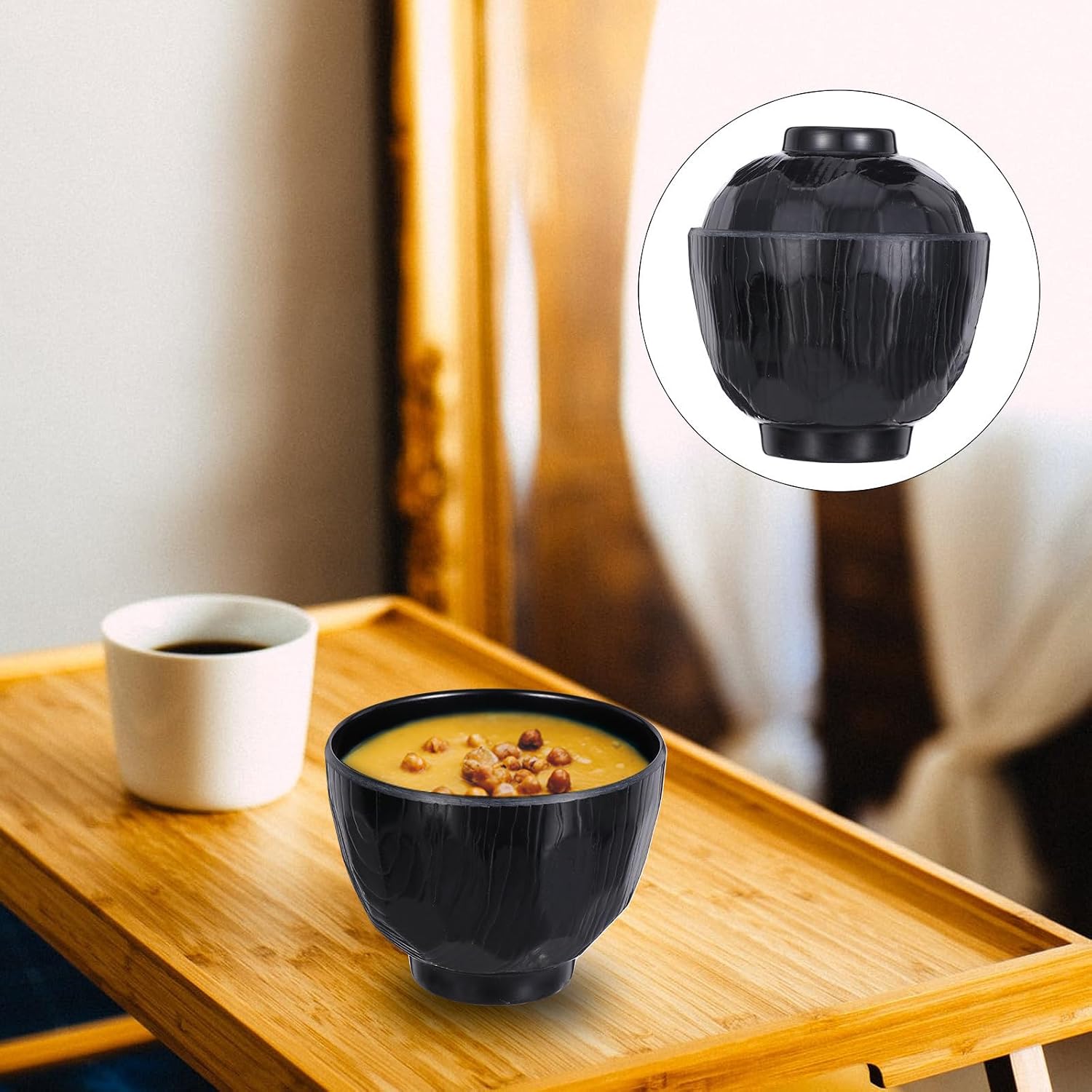 Japanese Miso Soup Bowl with Lid, Black Melamine Small Restaurant Serving