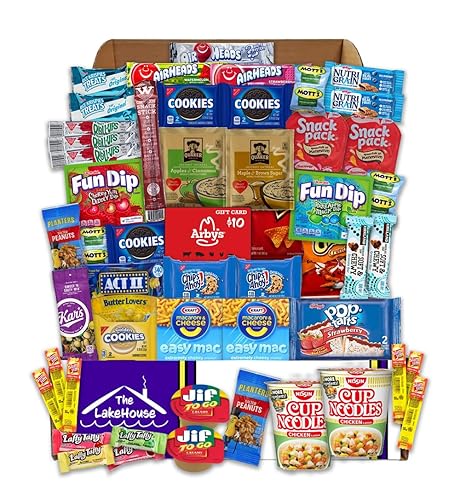 LakeHouse Student 52 Paquete de Atención Universitaria con Tarjeta de Regalo Arbys - Caja de Botanas Esenciales Universitarias - Paquetes de