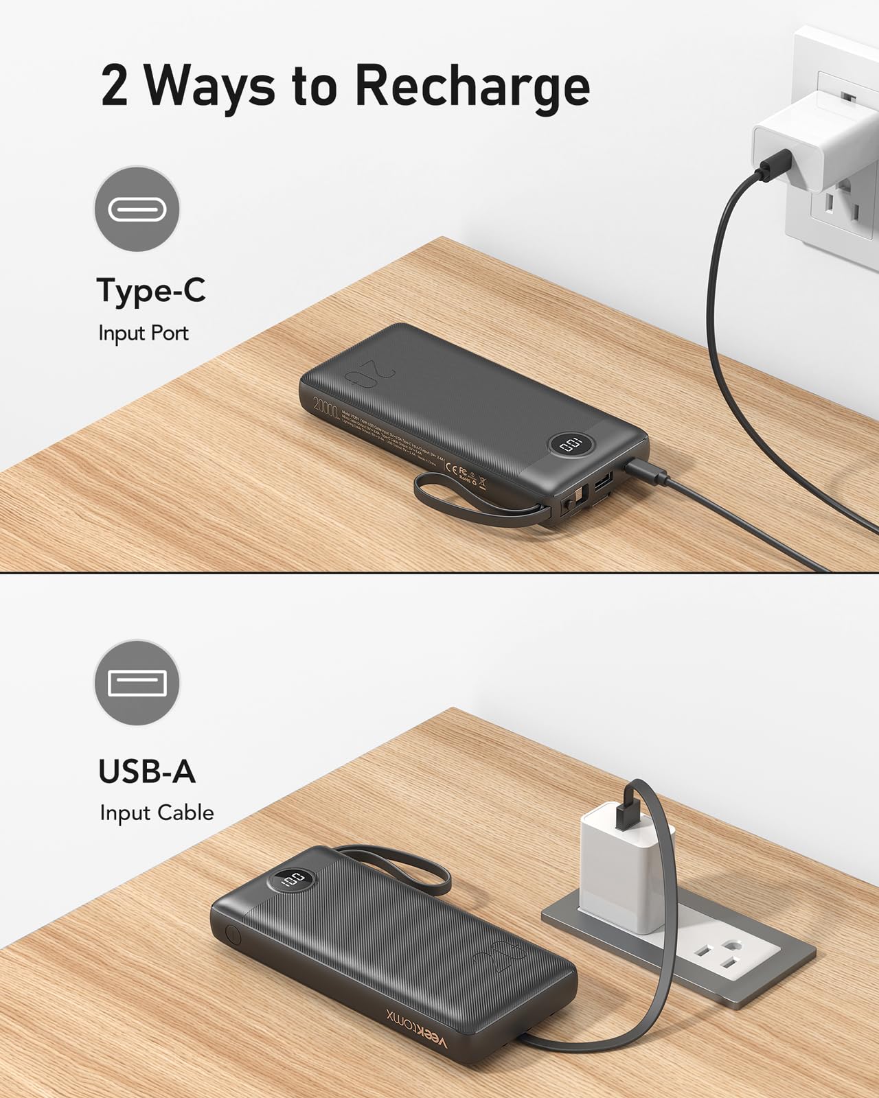 Power Bank 20000mAh Batteria Esterna con Cavi Integrati Caricatore Portatile Powerbank USB C con 5 Uscite e 2 Ingressi Compatibile con iPhone, iPad, Samsung, Huawei, Xiaomi (Nero)