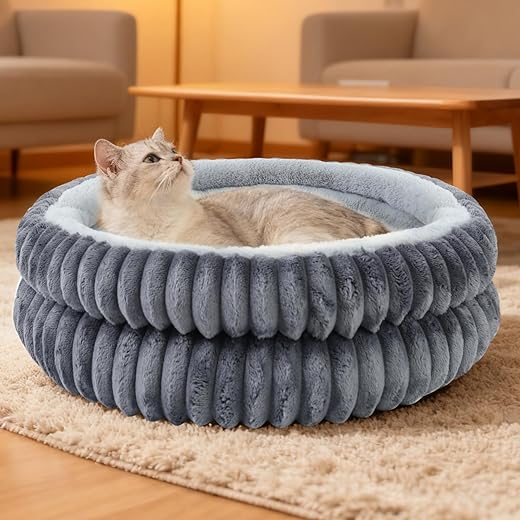 Cat Beds for Indoor Cats,Washable Round Donut Dog Bed,Fluffy Puppy Dogs Beds for Small Dogs with Anti-Slip Bottom(Grey,S)