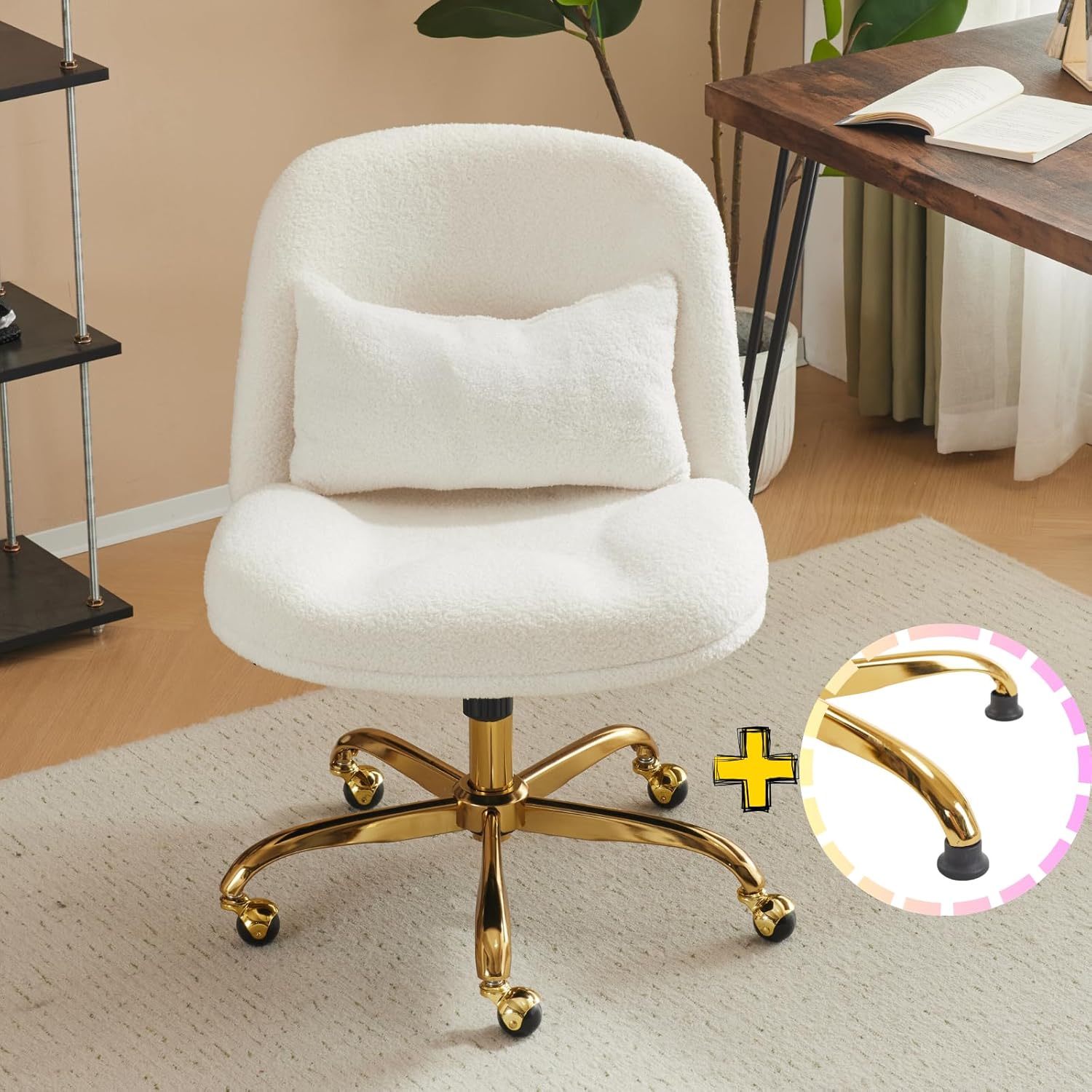 Close-up of the gold chair base with both wheels and fixed feet options shown, indicating interchangeability.