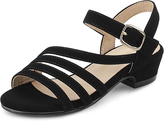 PANDANINJIA Girls Heels Dress Shoes Open Toe Low Heel Sandals Flower Girl Toddler Little Big Kids Wedding Party Shoes