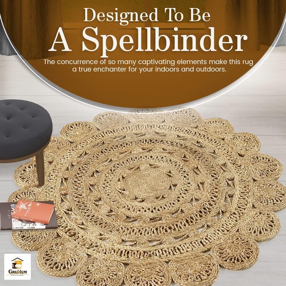 GRUHUM Handwoven 6ft Jute Area Rug- Natural Fiber Round Handmade Boho Farmhouse Rustic Vintage Soft Braided Reversible Rug- Indoor Outdoor Kitchen Bedroom Living Room Hallways Enterways (6'feet Round)