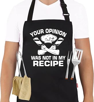 Funny Grilling Aprons for Men - BBQ Cooking Apron with 2 Pockets, Adjustable Neck Strap and 40" Long Ties - Your Opinion Was Not In My Recipe