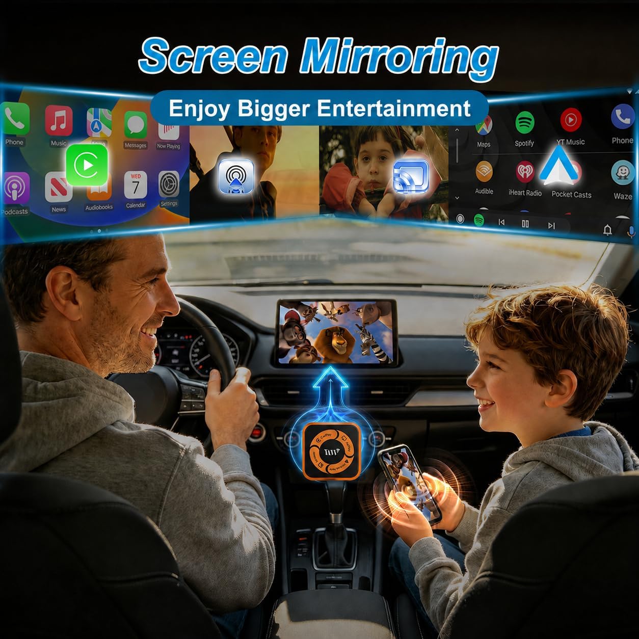 Wireless CarPlay Adapter 4 in 1-2026 Upgraded Screen Mirroring Adapter for Apple CarPlay & Android Auto & AirPlay & MirrorLink, Screen Mirror Dongle for Car, Plug & Play, Come with Type-C Extension