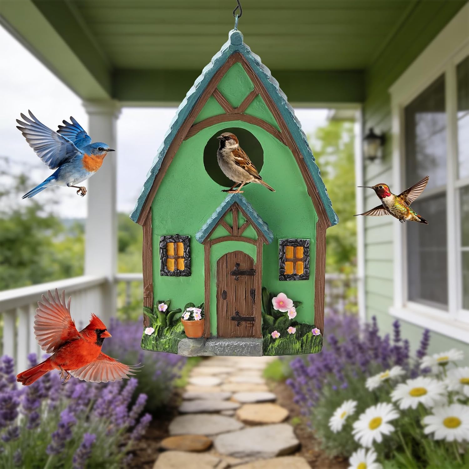 Bird Houses for Outside Green Cottage Resin Birdhouse, Garden Outdoor Decor Bird House with Flower and Stone Details, Birdhouses for Outdoors for Bluebird Finches Cardinals