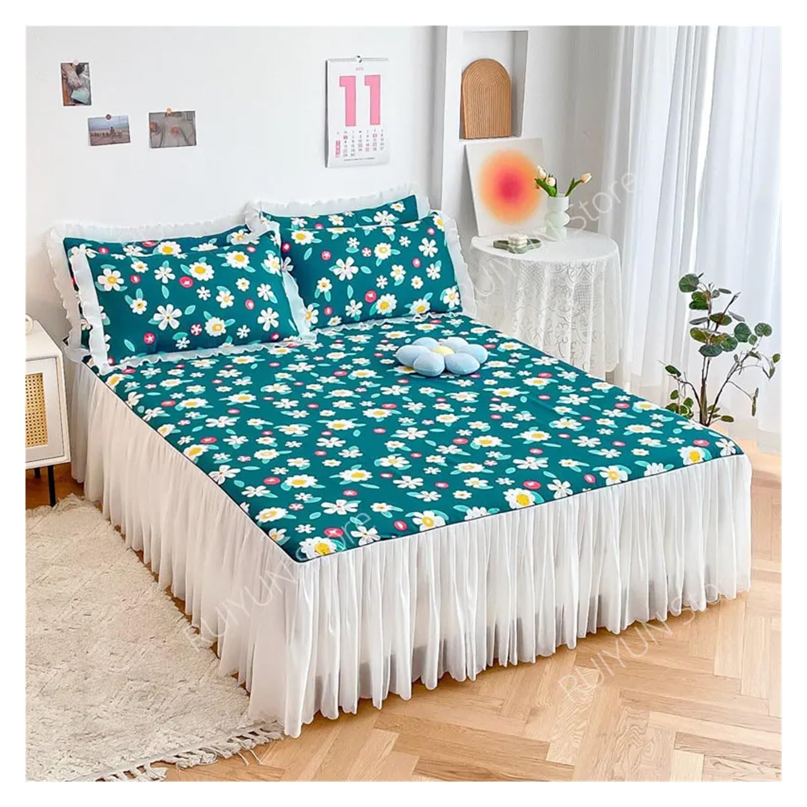 Decorative Lace Ruffled Non-slip Mattress Cover Printed Bedsheet Bed Cover(Style 2,1pc Skirt 150x200cm)