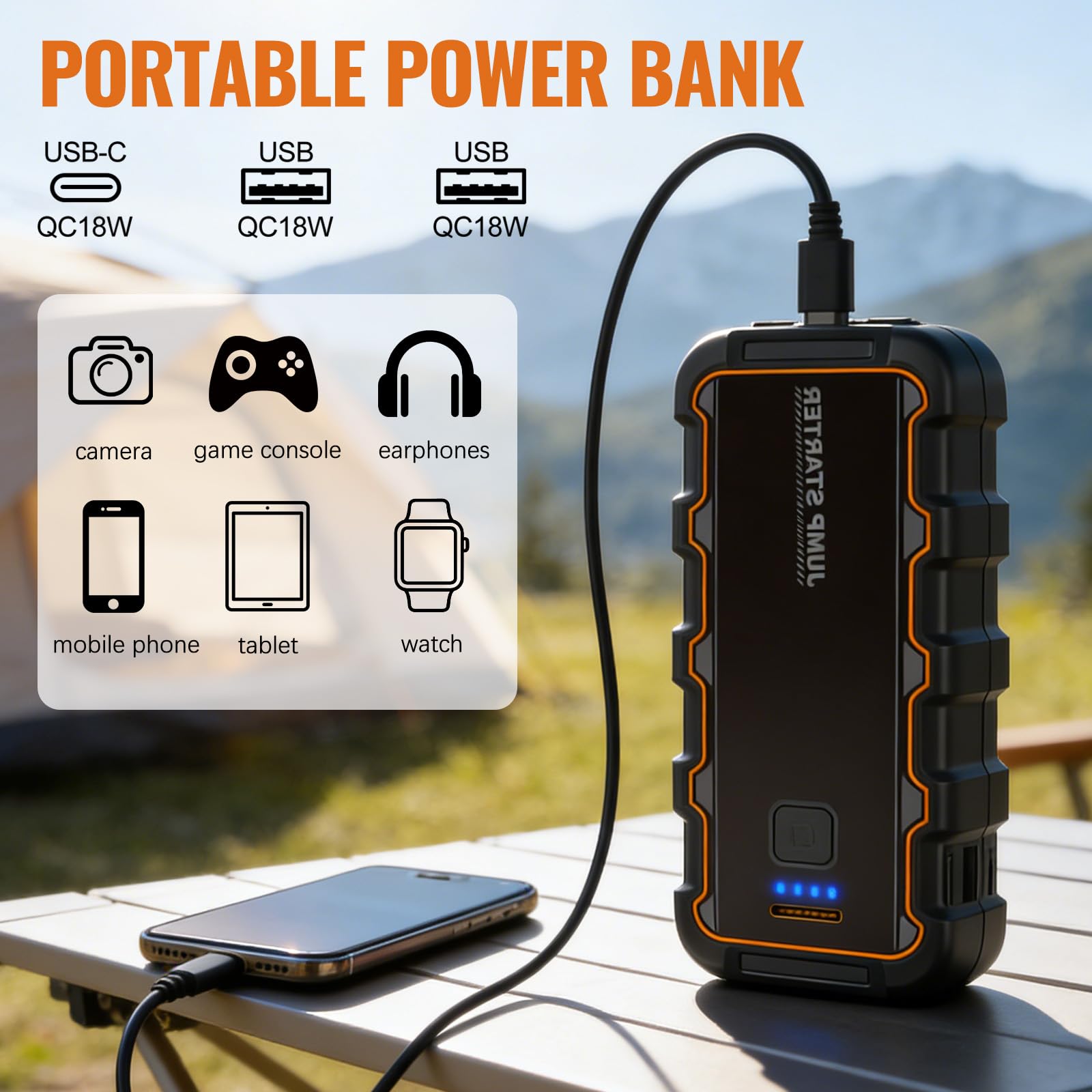 Starthilfe Powerbank 7000A 12V (Bis Zu 6,0L Benzin Oder 3,0L Diesel) Auto Starthilfe mit LED Taschenlampe Jumper Cables Autobatterie Booster Car Starter Powerbank für PKW SUV Motorrad Rasenmäher