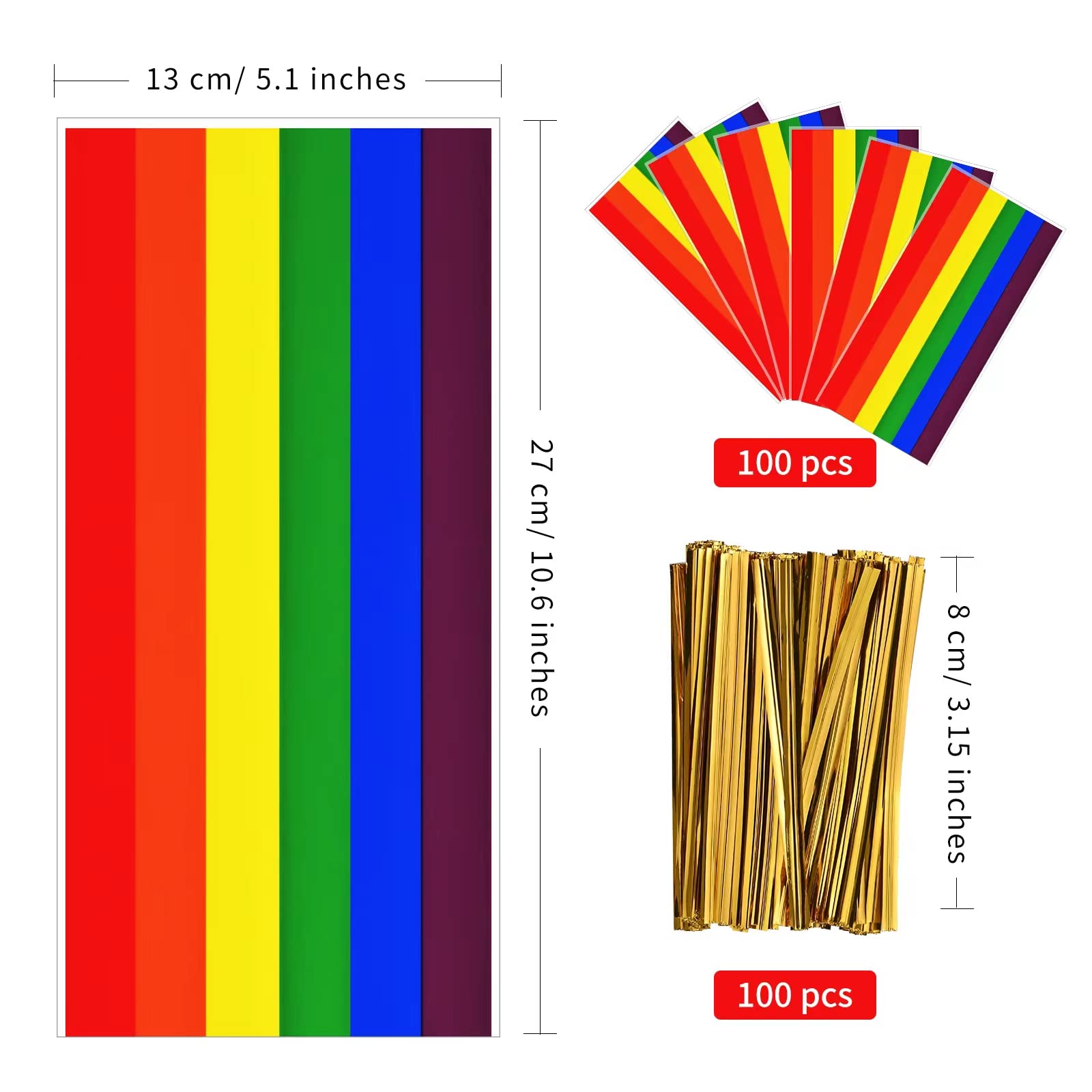 Lecpeting 100 Pcs Rainbow Treat Bags Rainbow Stripes Print Cellophane Candy Bags with Twist Ties for Baby Shower Birthday Party Supplies